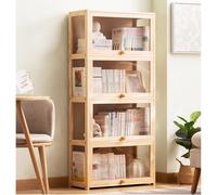 JSLJJBD Étagère en Bois avec Portes à Abattant Transparentes Bibliothèque Livre Étagère Rangement Bois Multiniveaux Étagère Verticale pour Salle de Study Salon pour Livres Solid Wood 60cm 4 Tiers