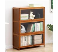 JSLJJBD Étagère Rangement en Bambou avec Portes à Abattant en Acrylique Transparent Meuble de Bureau Rangement Livre Multiniveaux Étagère Verticale pour Salle de Study Salon Brown 60cm 3layers