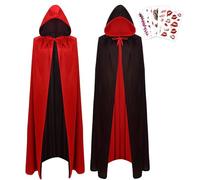 JSRHEEM Cape Halloween avec Capuche 130cm - Costume de Vampire avec Tatouages Temporaires - pour Halloween & Carnaval - Enfants & Adultes, Réversible Noir/Rouge(130cm)