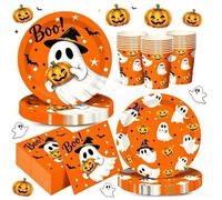 JSRHEEM Set de Décoration pour Halloween 68 pièces - Assiettes en carton robustes, Goblets & Serviettes pour 16 personnes - Idéal pour Soirées d'Halloween, Fêtes à Thème & Célébrations Saisonnières