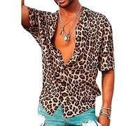 Jsrichhe Chemise pour homme à manches courtes avec boutons style rétro imprimée léopard, jaune, M