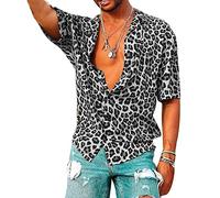 Jsrichhe Chemise rétro à manches courtes pour homme Motif léopard, gris, L