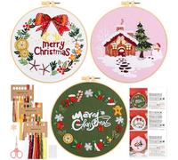 JSRQT 3 Pièces DIY Noël Kit de Démarrage de Broderie,Christmas Point de Croix Broderie Starter pour Débutant,Couture D'art Fait à La Main Accessoires,Embroidery Starter Kit