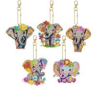 JSRQT 5 Pièces Porte-Clés Peinture Diamant Éléphant Bricolage 5D Diamond Art Painting Complet Keychain Pendentif par Numéro Kit Double Face Strass Peinture Broderie Porte-clés pour Sacs Décoration