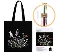 JSRQT Kit de Broderie de Sac en Toile, Kit de Démarrage de Broderie pour Adultes Débutants, Kits de Point de Croix de Sac en Toile avec Motif Floral, Kit de Broderie Artisanale, Fil et Outil, Noir