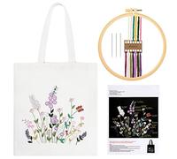 JSRQT Kit de Broderie de Sac en Toile, Kit de Démarrage de Broderie pour Adultes Débutants, Kits de Point de Croix de Sac en Toile avec Motif Floral, Kit de Broderie Artisanale, Fil et Outil, Blanc