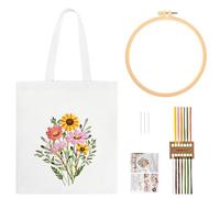 JSRQT Kit de Broderie de Sac en Toile pour Débutants Adultes, Kit de Démarrage de Broderie avec Motif de Fleur, DIY Art Craft Kit de Point Croix Tote Bag avec Instructions, Aiguilles et Fils, Blanc