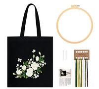 JSRQT Kit de Broderie en Toile pour Débutants Adultes, Kit de Démarrage de Point de Croix Estampé avec Motif de Rose Blanche, Art Craft Sac de Broderie Fait Main avec Aiguilles et Fils, Noir