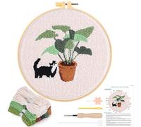 JSRQT Kit de démarrage avec aiguille à poinçonner avec motif chat, kit de broderie pour adultes et enfants, kit de broderie au point de croix pour débutants avec cerceau à broder, instructions