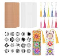 JSRQT Kit de Marque-pages Vierges, Signet en Papier Carton Enfants, 20 Clips de Page Étiquettes Marron Blanc Non Finis, 20 Pochoirs Mandala, 20 Pompons de Couleurs Aléatoires, pour Loisirs Créatifs