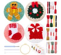JSRQT Kit de Sous-verres Punch Needle de Noël, 4 Pièces Kit Démarrage de Broderie Aiguille Perforée pour Débutant Adultes, DIY Craft Broderi Noël avec Outil