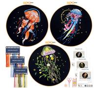 JSRQT Lot de 3 kits de broderie à la main avec motifs estampés - Gamme complète de broderie au point de croix pour adultes débutants amateurs d'artisanat - Kit de point de aiguille avec cerceau et