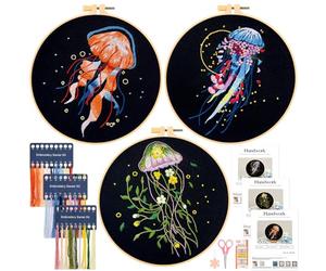 JSRQT Lot de 3 kits de broderie à la main avec motifs estampés - Gamme complète de broderie au point de croix pour adultes débutants amateurs d'artisanat - Kit de point de aiguille avec cerceau et