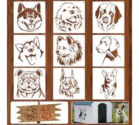 JSRQT Lot de 9 pochoirs réutilisables en plastique, motifs têtes de chiens mignons pour travaux manuels, peinture, décoration murale, maison, bricolage, 20 x 20 cm