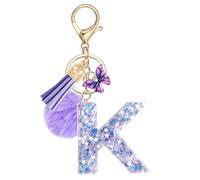 JSRQT Personnalisée Lettres Keychain Porte Clé Lettre K Violet Papillon Initiale Porte-clés en Résine pour Fille Femmes Sac à Main Nom Alphabet Keyring Pendentif Charmes Cadeaux Clef Voiture