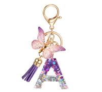 JSRQT Porte-clés Lettre Initiale A, Porte-clés Alphabet en Résine Violettes pour Femme Filles avec Pendentif Papillon et Pompon, Nom Porte-clés Initiale Letter Keyring pour Sac à Main Sac à Dos Charme