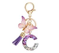 JSRQT Porte-clés Lettre Initiale C, Porte-clés Alphabet en Résine Violettes pour Femme Filles avec Pendentif Papillon et Pompon, Nom Porte-clés Initiale Letter Keyring pour Sac à Main Sac à Dos Charme