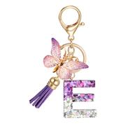 JSRQT Porte-clés Lettre Initiale E, Porte-clés Alphabet en Résine Violettes pour Femme Filles avec Pendentif Papillon et Pompon, Nom Porte-clés Initiale Letter Keyring pour Sac à Main Sac à Dos Charme