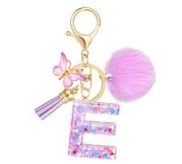 JSRQT Porte-clés Lettre Initiale en Résine, Porte-clés Alphabet Violet Flocons de Neige avec Pendentif Frange Papillon, Accessoire Anneau à Clés à Paillettes pour Femmes Filles Décor de Sac (E)