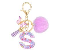 JSRQT Porte-clés Lettre Initiale en Résine, Porte-clés Alphabet Violet Flocons de Neige avec Pendentif Frange Papillon, Accessoire Anneau à Clés à Paillettes pour Femmes Filles Décor de Sac (S)