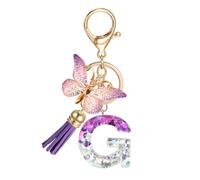 JSRQT Porte-clés Lettre Initiale G, Porte-clés Alphabet en Résine Violettes pour Femme Filles avec Pendentif Papillon et Pompon, Nom Porte-clés Initiale Letter Keyring pour Sac à Main Sac à Dos Charme