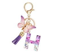JSRQT Porte-clés Lettre Initiale H, Porte-clés Alphabet en Résine Violettes pour Femme Filles avec Pendentif Papillon et Pompon, Nom Porte-clés Initiale Letter Keyring pour Sac à Main Sac à Dos Charme