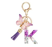 JSRQT Porte-clés Lettre Initiale K, Porte-clés Alphabet en Résine Violettes pour Femme Filles avec Pendentif Papillon et Pompon, Nom Porte-clés Initiale Letter Keyring pour Sac à Main Sac à Dos Charme