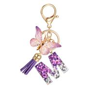 JSRQT Porte-clés Lettre Initiale M, Porte-clés Alphabet en Résine Violettes pour Femme Filles avec Pendentif Papillon et Pompon, Nom Porte-clés Initiale Letter Keyring pour Sac à Main Sac à Dos Charme