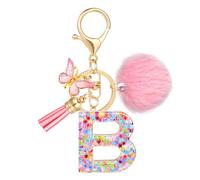 JSRQT Porte-clés Lettre Initiale Mignon, Porte-clés Alphabet Rose en Résine avec Frange Papillon, Pendentif Anneau à Clés à Paillettes Flocons pour Femmes Filles Charmes de Sac (B)