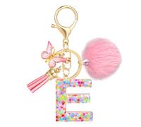 JSRQT Porte-clés Lettre Initiale Mignon, Porte-clés Alphabet Rose en Résine avec Frange Papillon, Pendentif Anneau à Clés à Paillettes Flocons pour Femmes Filles Charmes de Sac (E)