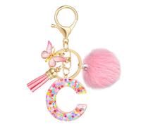 JSRQT Porte-clés Lettre Initiale Mignon, Porte-clés Alphabet Rose en Résine avec Frange Papillon, Pendentif Anneau à Clés à Paillettes Flocons pour Femmes Filles Charmes de Sac (C)