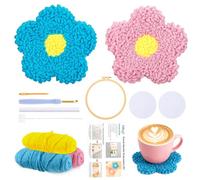 JSRQT Punch Needle Kit Adulte, 2 Dessous de Verre Fleurs DIY avec Tambour | Kit Punch Needle pour 2 Dessous de Verre Fleurs avec Toile Imprimée, Laine Épaisse, Tambour et Accessoires