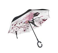 JSTEL Parapluie inversé à double couche Fleur Fée avec papillons pour voiture, coupe-vent, idéal pour l’extérieur, avec poignée en forme de « C »
