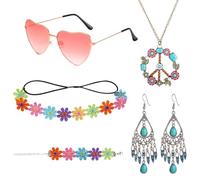 JSTHHTT 5Pcs Ensemble de Costume Hippie, Collier Peace, Lunettes Hippie, Boucles D'oreilles, Bandeau Fleuri et Bracelets Style Années pour Femmes Accessoires de Déguisement 60 et 70 Accessoires