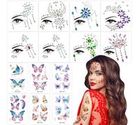 JSTHHTT 8 Ensembles de Gemmes de Visage et 6 Feuilles Papillon Tatouage, Tatouage Temporaire, Strass Autocollant Visage, pour Carnaval de Musique, Faire la Fête, Se Maquiller, Bijoux de Corps