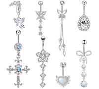 JSTHHTT 8PCS Piercing Nombril Acier Chirurgical Argent Zircon Coeur Opale Papillon Pendant Piercing Au Nombril Cz Piercings Nombril Anneau Piercings Bijoux Pour Femmes