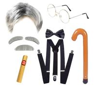 JSTHHTT 9 Pièces Grand père Costume Set, Perruque de Costume de Grand père, Perruque Professeur Fou, Perruque et Moustache Gris, Accessoires de Costumes pour Halloween Carnaval Cosplay Party Fêtes