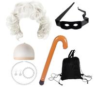 JSTHHTT 9 StüCk Grand-MèRe Perruque Kit De Deguisement, Voleuse Accessoires Set De Perruque, Grand-MèRe Cosplay Accessoires Set Perruque Wig Cap Pearl Collier pour Halloween Carnaval Party Disguise