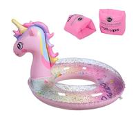 JSTHHTT Bouée Licorne pour Enfants, Flotteur de Piscine Gonflable avec Paillettes, Anneau de Natation avec 1 Paires Brassards de Natation Gonflables, pour Bouée D'été Eau Jouet