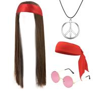 JSTHHTT Deguisement Hippie, Deguisement Hippie Costume Hippie Femme Homme, Deguisement Annees 80 70 60s, Perruque Homme, Accessoires Hippie pour Halloween Decoration Annees 70 Déguisement Hippie