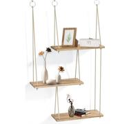 JSUOEO Étagères suspendues pour mur, 3 niveaux en bois bohème flottant, étagère de rangement pour décoration murale, petites plantes, suspension avec corde pour chambre à coucher, salon, cuisine