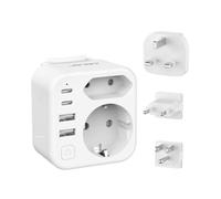 JSVER Adaptateur Universel avec USB C,Adaptateur de Voyage vers USA/UK/Europe Con 2 Prises, Adaptateur International de Type C/G/B avec 4 Ports USB,Adaptateur de Prise pour Canada,Singapore,HK(Blanc)
