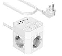 JSVER Bloc Multiprise avec 3 Prises Interrupteur Individuel, Multiprise Cube avec 4 Ports USB Chargeur(2A+2C) 7 in 1 Prise Multi Multiprise Electrique pour la Maison Le Bureau ou la Cuisine,2M-Blanco