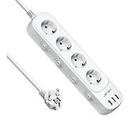 JSVER Bloc Multiprise avec 4 Prises Interrupteur Individuel Multiprise avec 3 Ports USB Chargeur Prise Multi Multiprise Electrique(3680W) pour la Maison Le Bureau ou la Cuisine,2M-Blanco