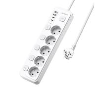 JSVER Bloc Multiprise USB avec 5 Prises Interrupteur Individuel,Multiprise avec 4 Ports USB Chargeur(2 USB A+2 USB C) Prise Multi Multiprise Electrique pour la Maison Le Bureau ou la Cuisine,2M-Blanco