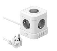 JSVER Cube Bloc Multiprise 5 Prises avec 4 Ports USB C Chargeur (5V3,4A/17W) Prise Multi und Interrupteur pour Domicile, Bureau Cable 2m-Blanc