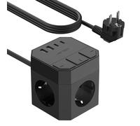 JSVER Cube de Prise 7 en 1 avec USB C, Multiprise Electrique avec 2 USB C& 2USB A Chargeur de Voyage(5V3,4A/17W), Multiprise avec Interrupteur Individuel Cable 3m pour Smartphone Tablette- Noir