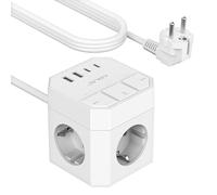 JSVER Cube Multiprise 3M, Bloc Multiprise 3 Prises avec Interrupteur Individuel & 4 Ports USB Chargeur (2 USB A+2 USB C) Prise Multi 3680W 16A pour Smartphone Tablette-Blanc
