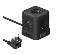 JSVER Cube Multiprises Electrique(3680W 16A) avec 5 Prises avec 4 Ports USB C Chargeur de Voyage(17W) und Interrupteur Cable 2m pour Smartphone Tablette- Noir