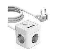 JSVER Multiprise Cube avec USB, Bloc Multiprise 3 Prises avec 3 Ports USB Chargeur (3680W 16A) Prise Multiple avec Interrupteur Cable 3m pour la Maison, Le Bureau-Blanc